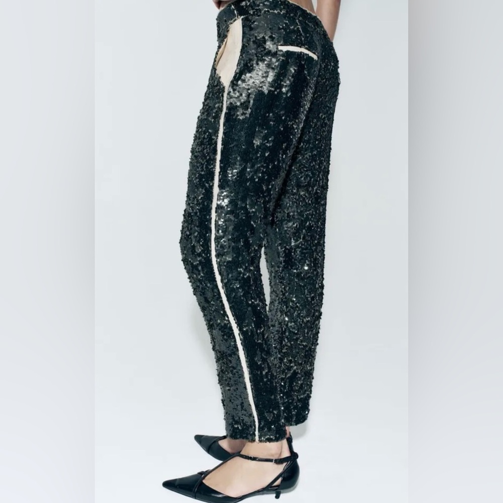 ZARA ZW Collection Sequin Trousers Pants Green Frayed Ivory Trim Size Small NEW